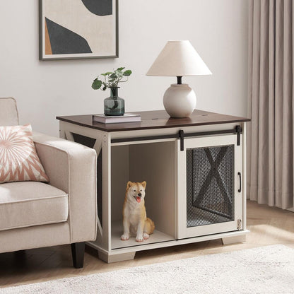 Farmhouse Dog Cage Crate Furniture with Sliding Barn Door, Farmhouse Wooden Dog Kennel End Table with Flip-top Plate Dog House with Detachable Divider for Small/Medium/Large Dog White