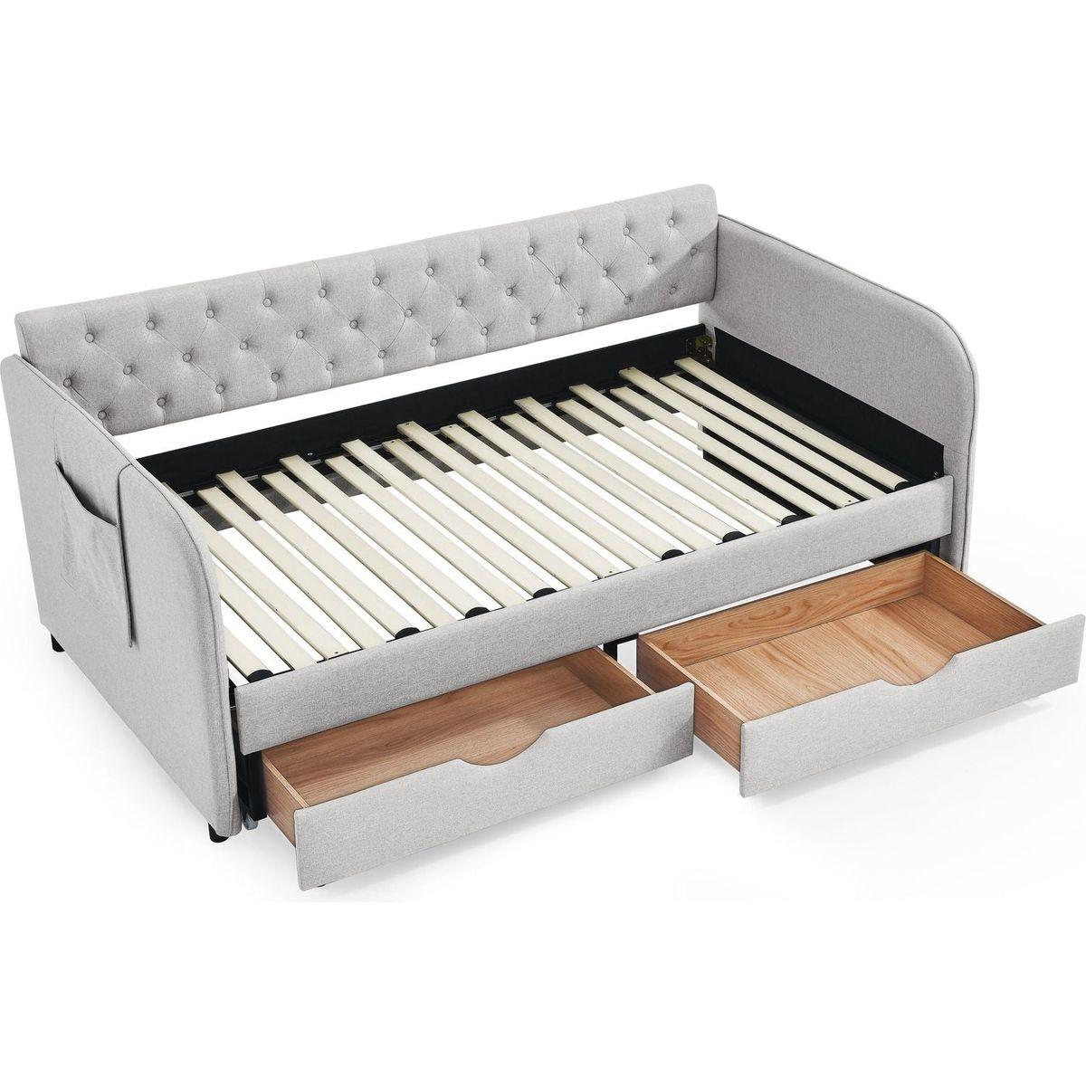Twin Size Upholstery Daybed with Trundle Bed and Two Storage Drawers, Flat Arms with Pocket, Extendable Daybed for Bedroom Living Room,Linen Beige