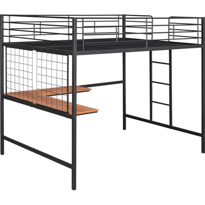 Full Metal Loft Bed with Desk and Metal Grid, Black