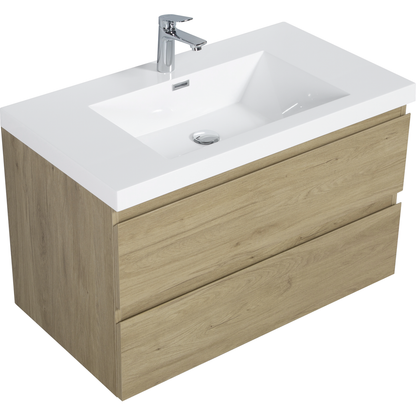 36" Floating Bathroom Vanity with Sink, Modern Wall-Mounted Bathroom Storage Vanity Cabinet with Resin Top Basin and Soft Close Drawers, Natural Oak