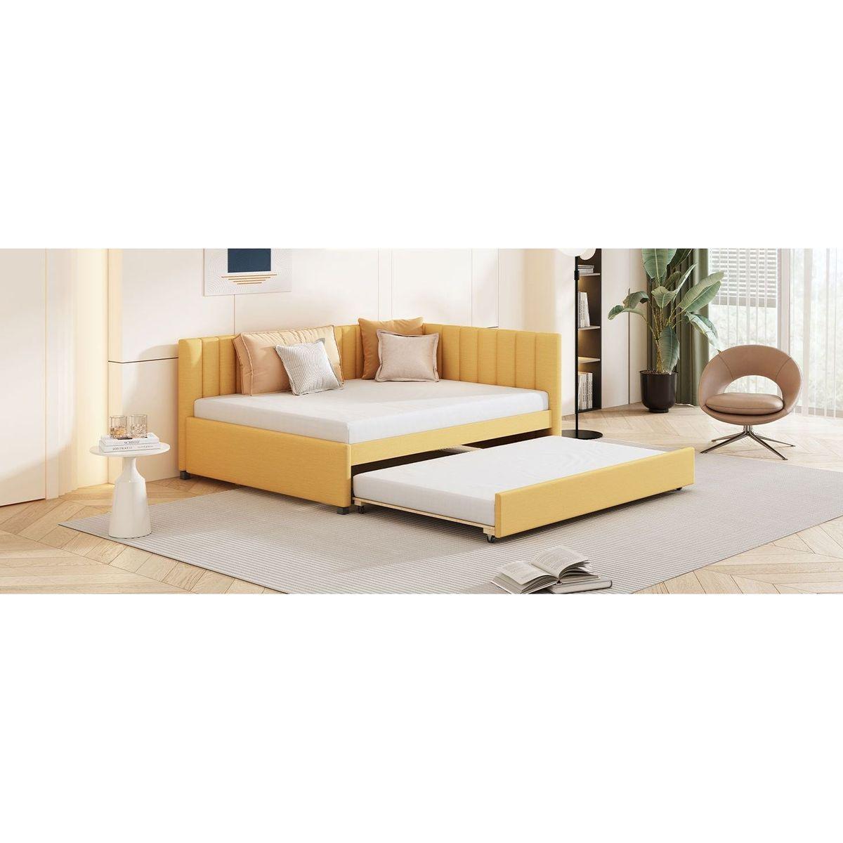 Full Size Upholstered Daybed with Trundle Sofa Bed Frame No Box Spring Needed, Linen Fabric(Yellow)