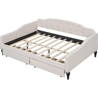 Full Size Upholstered Tufted Daybed with Two Drawers, Beige