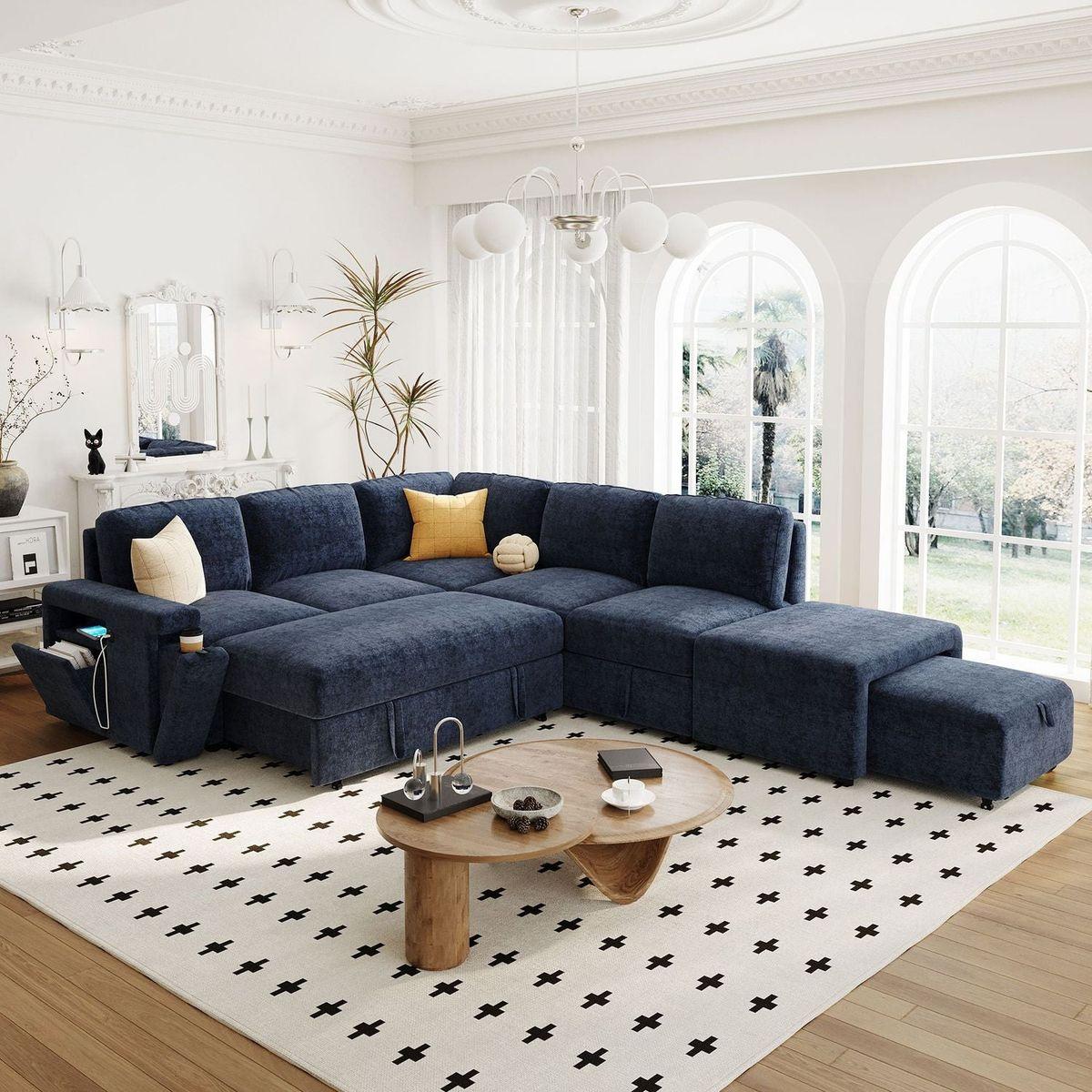 L-shaped Padded Modular Sofa with Storage Space, USB Ports, and Cup Holders on the Armrests, Suitable for Living Rooms, Offices, and Apartments.