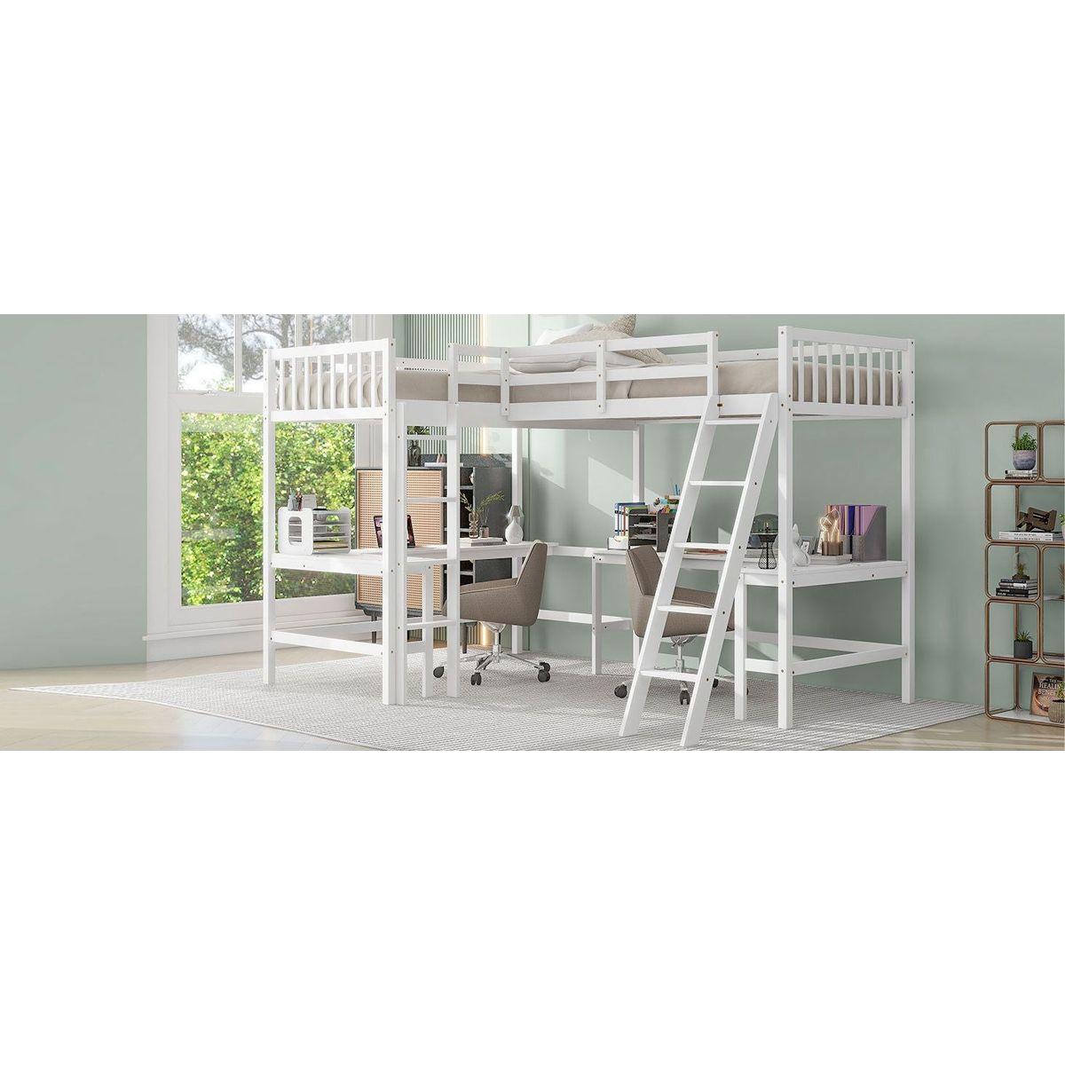 Wood Twin Size L-Shaped Loft Bed with Ladder and 2 Built-in L-Shaped Desks, White