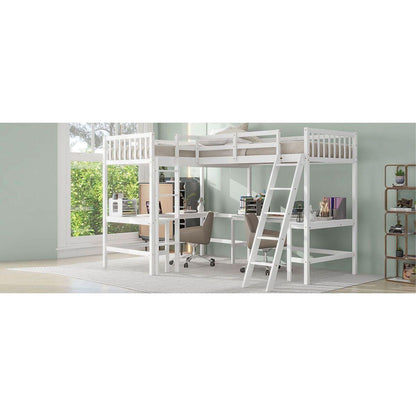 Wood Twin Size L-Shaped Loft Bed with Ladder and 2 Built-in L-Shaped Desks, White