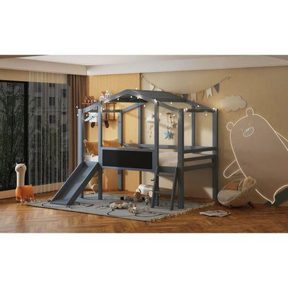 Twin Size Loft Bed with Ladder and Slide, House Bed with Blackboard and Light Strip on the Roof, Gray