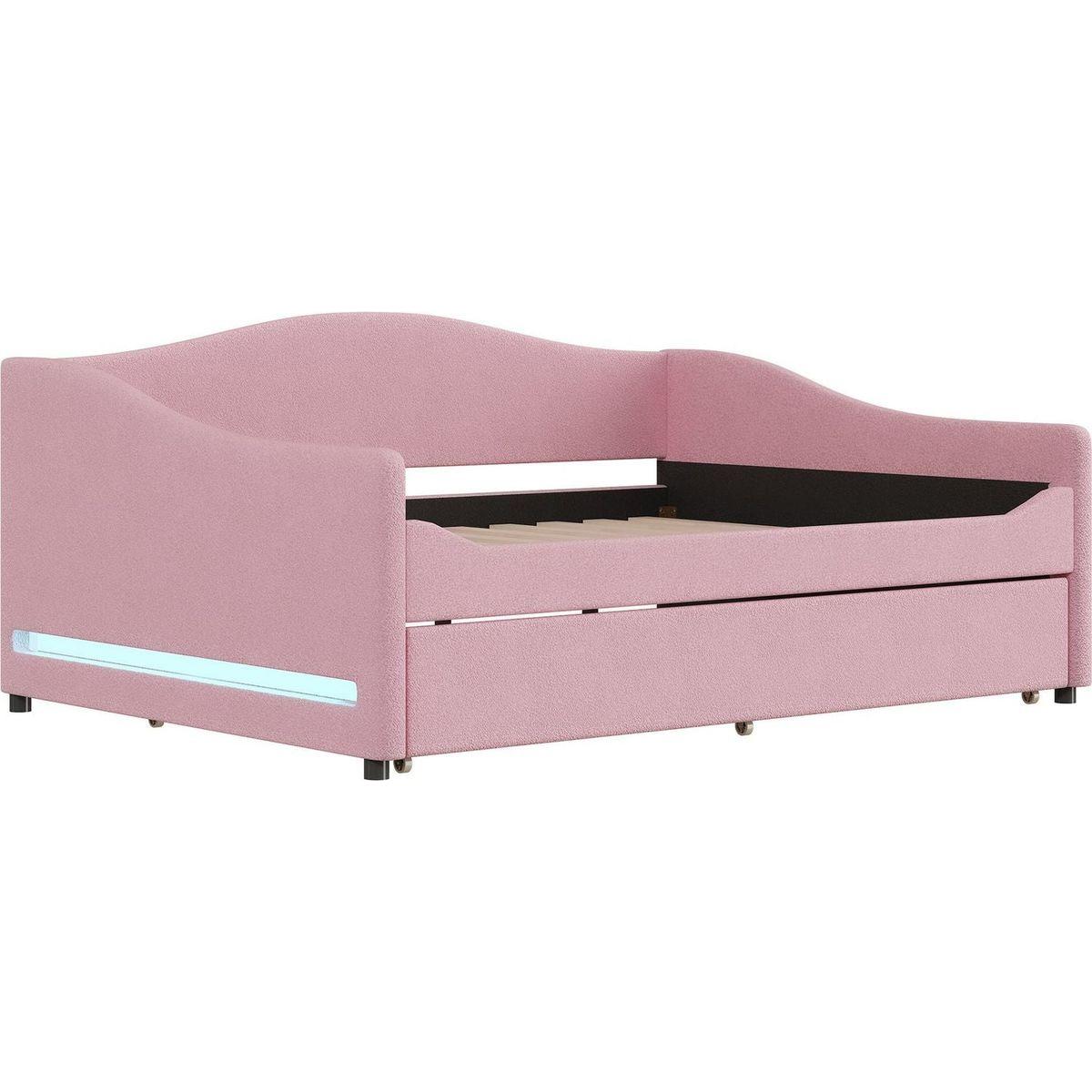 Teddy Fleece Full Size Upholstered Daybed with Light and Trundle, Pink