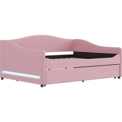 Teddy Fleece Full Size Upholstered Daybed with Light and Trundle, Pink