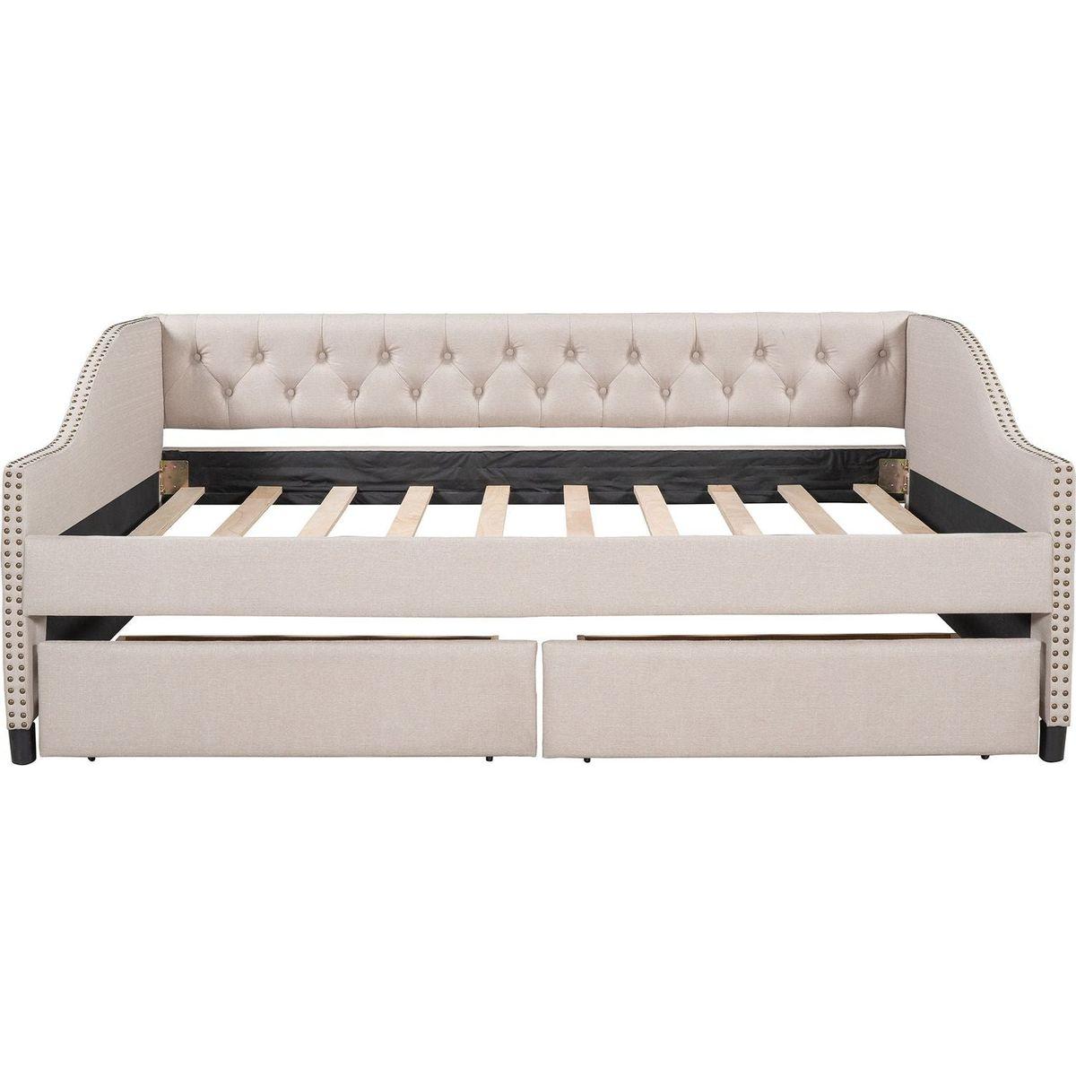 Upholstered daybed with Two Drawers, Wood Slat Support, Beige, Full Size