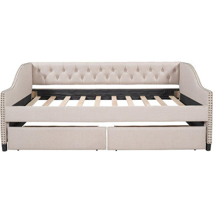 Upholstered daybed with Two Drawers, Wood Slat Support, Beige, Full Size