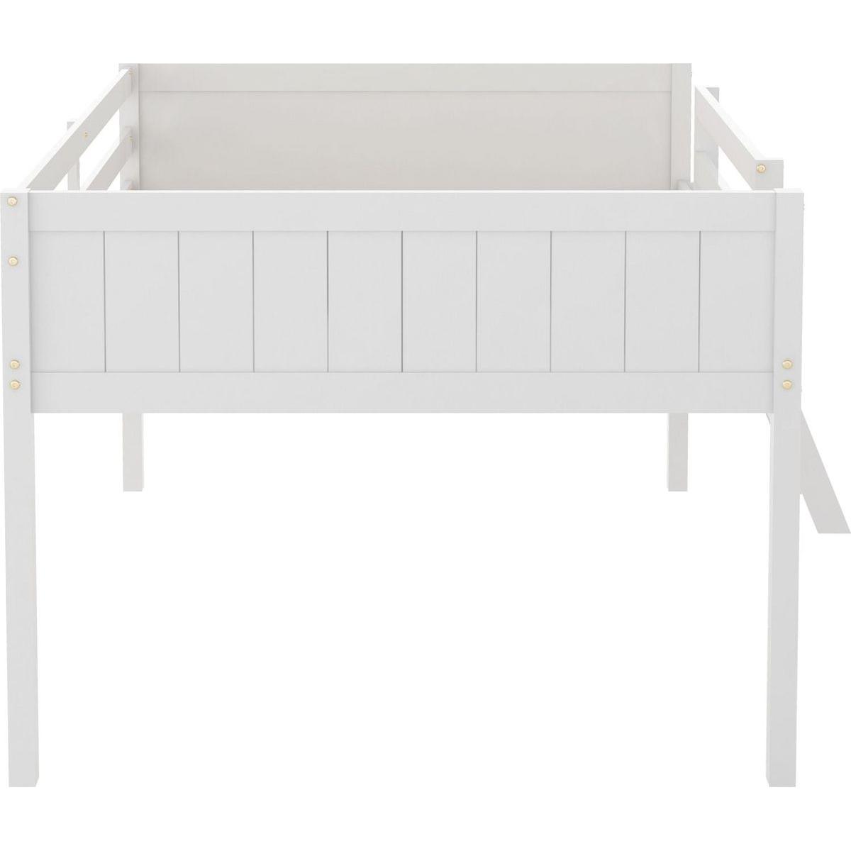 Full Size Wood Low Loft Bed with Ladder, ladder can be placed on the left or right, White(O