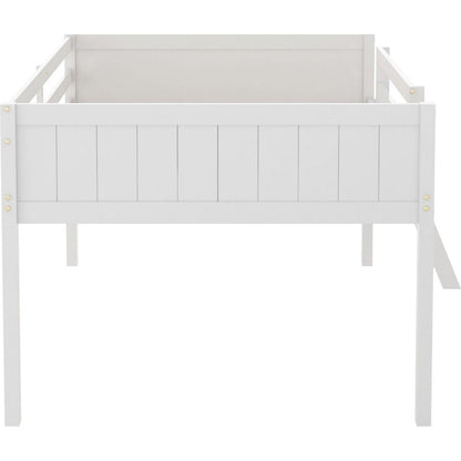 Full Size Wood Low Loft Bed with Ladder, ladder can be placed on the left or right, White(O