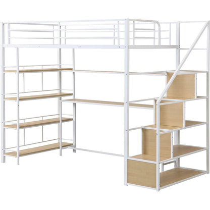 Twin Size Metal Loft bed with Staircase, Built-in Desk and Storage Shelves, White