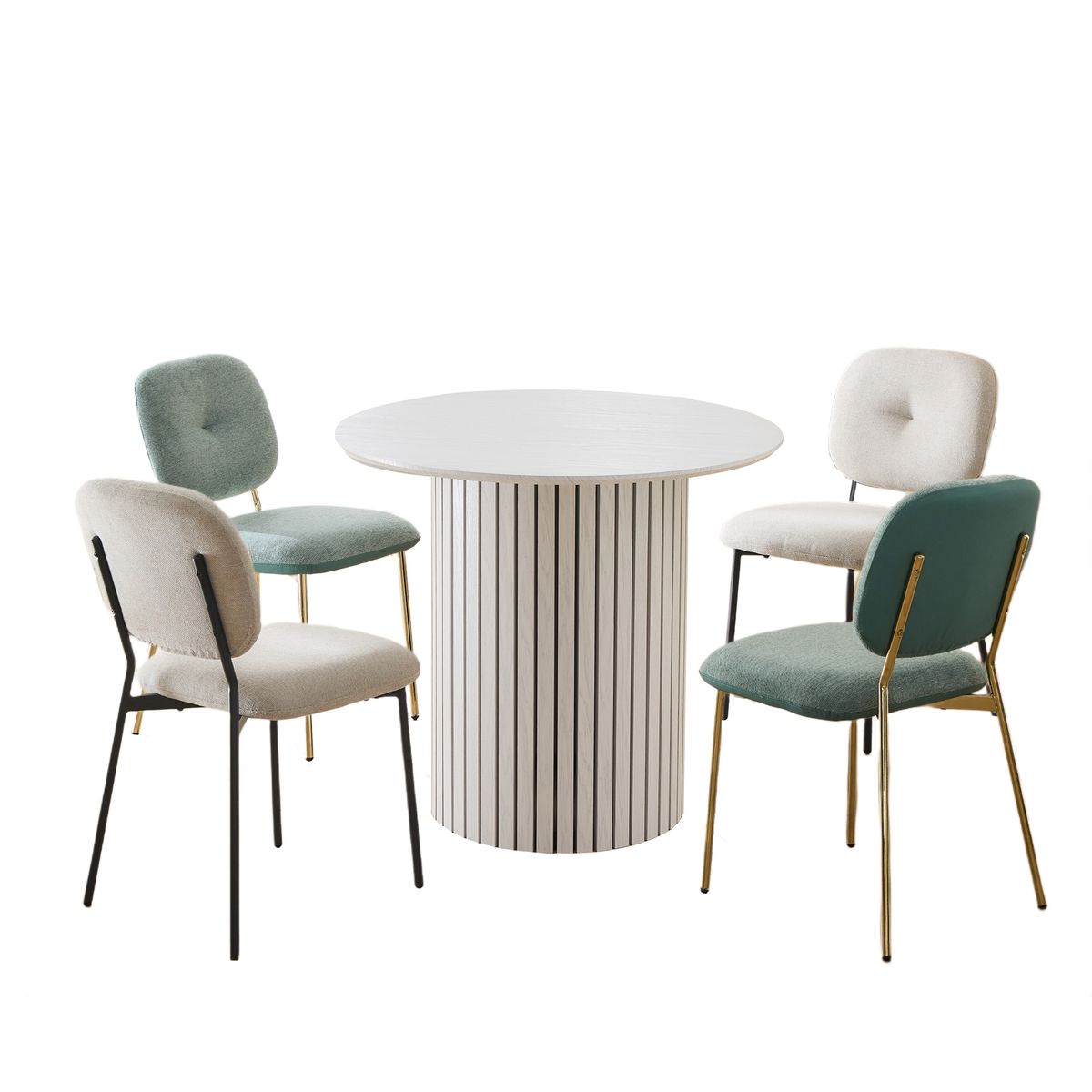 Modern 4-Person Dining Set with Bamboo & MDF Table and Turquoise & Beige Fabric Chairs - Metal Legs, Space-Saving Design