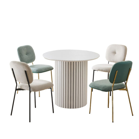 Modern 4-Person Dining Set with Bamboo & MDF Table and Turquoise & Beige Fabric Chairs - Metal Legs, Space-Saving Design