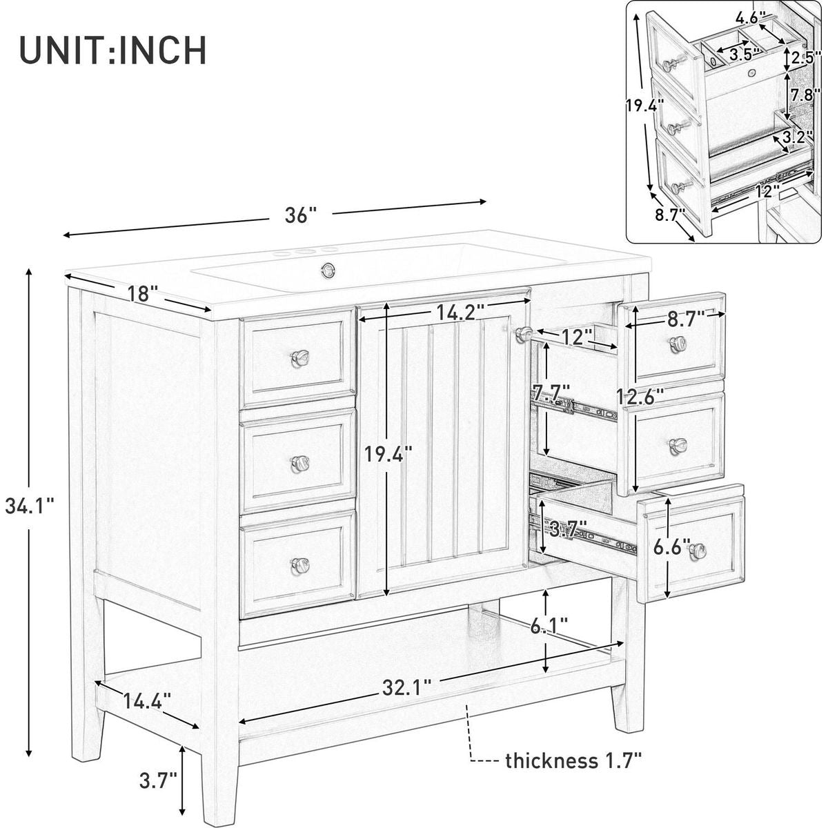 36" Bathroom Vanity with Sink Combo, One Cabinet and Three Drawers, Solid Wood and MDF Board, Grey