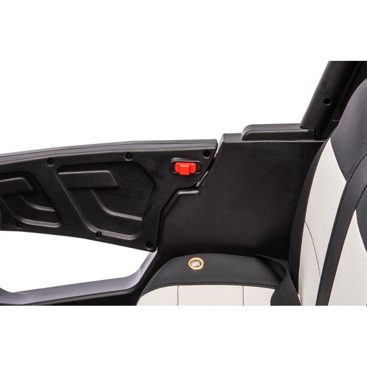 12v7ax2 30wx4 Four-wheel drive leather seat one button start,forward and backward, high and low speed, music, front light, power display, two doors can open, 2.4G R/C, seat belt four wheel absorber