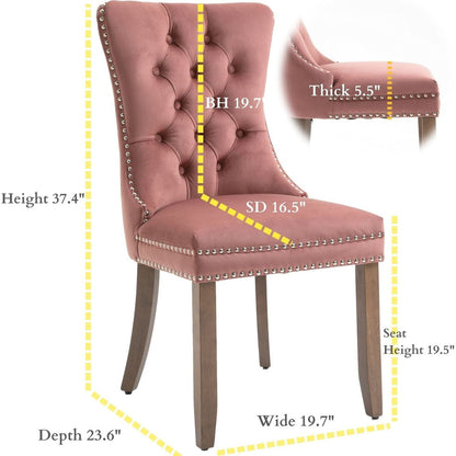 Upholstered Button Tufted Back Pink Velvet Dining Chair with Nailhead Trim and Solid Wood Legs 2 Sets