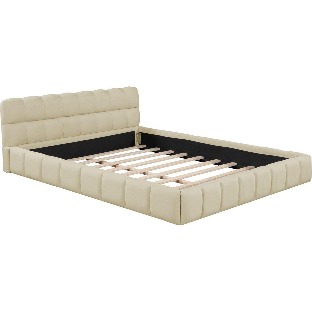 Queen Size Upholstered Platform Bed with Thick Fabric, Grounded Bed with Solid Frame, Beige