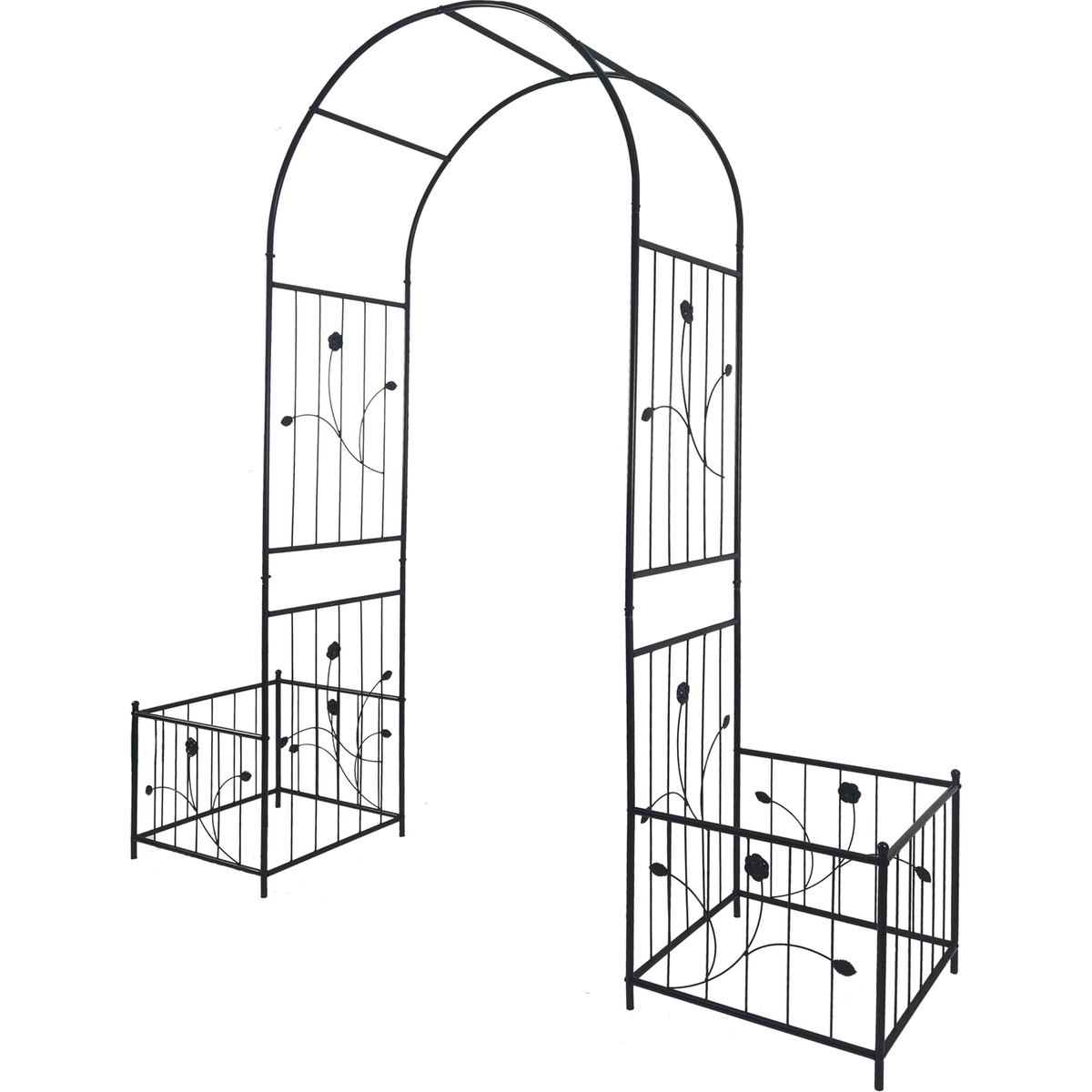 Metal Garden Arch with two plant stands 79.5" Wide x 86.6" High Climbing Plants Support Rose Arch Outdoor Black