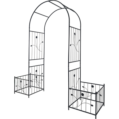 Metal Garden Arch with two plant stands 79.5" Wide x 86.6" High Climbing Plants Support Rose Arch Outdoor Black