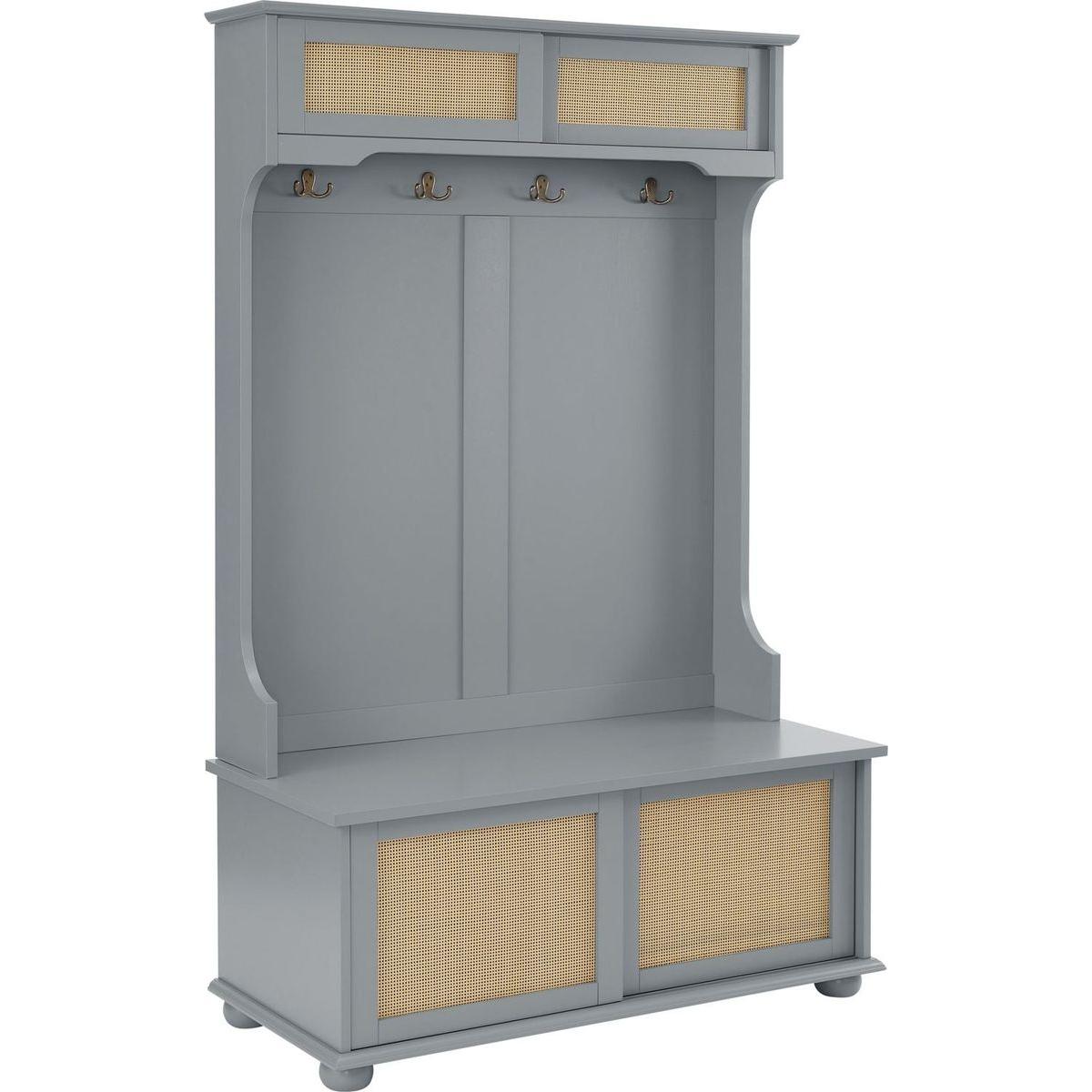 Casual Style Hall Tree Entryway Bench with Rattan Door Shelves and Shoe Cabinets, SOLID WOOD Feet, Gray, 40.16"Wx18.58"Dx64.17"H