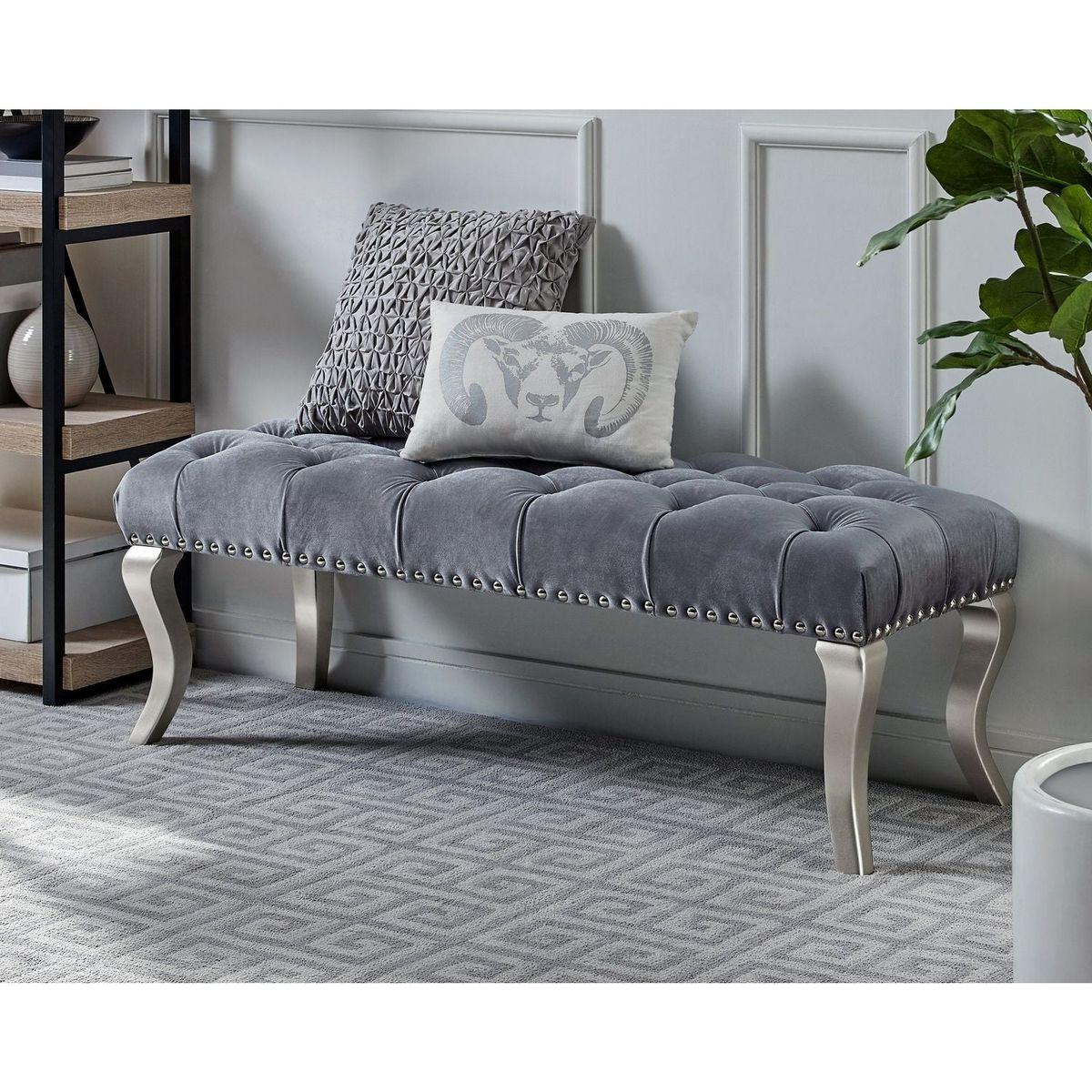 Decor Maxem Tufted Fabric Upholstered Bench Nailhead Trim, Gray