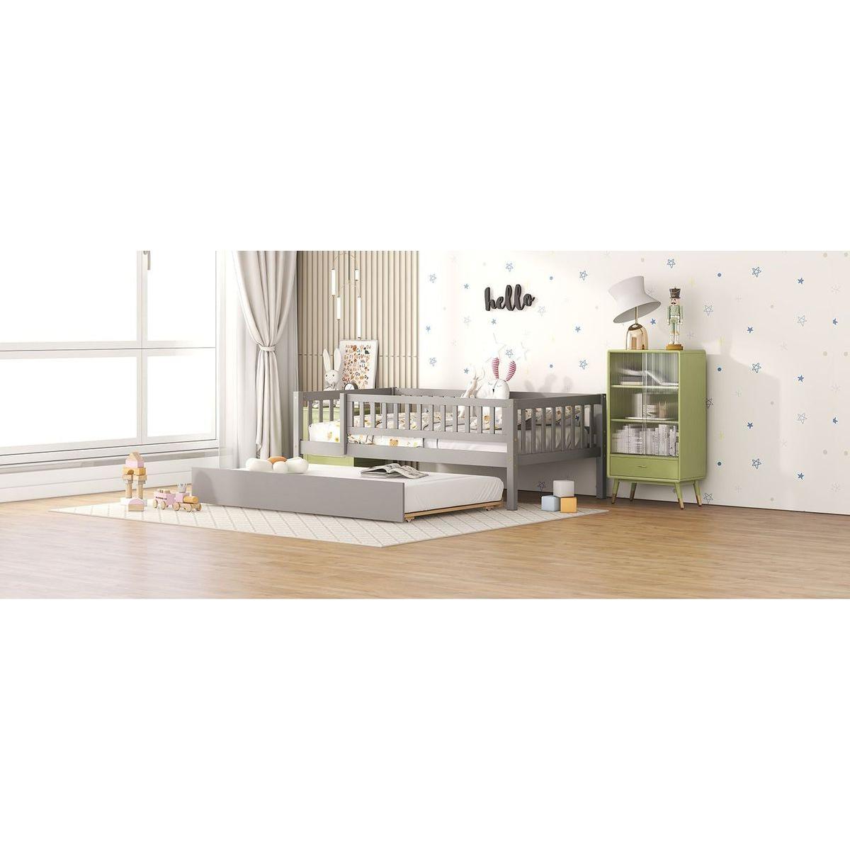Twin Size Wood Daybed with Trundle and Fence Guardrails, Gray