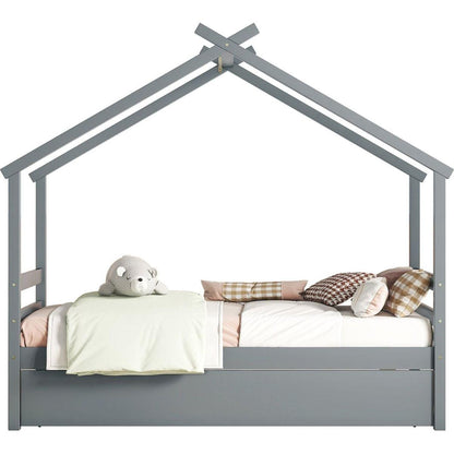 Twin Size House-shaped Bed with Trundle,Grey