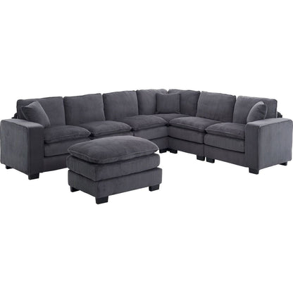 Modern U Shaped 6-seat Sectional Sofa Couch with one Ottoman and three toss pillows, Modular Sofa for Living Room,Corduroy sofa