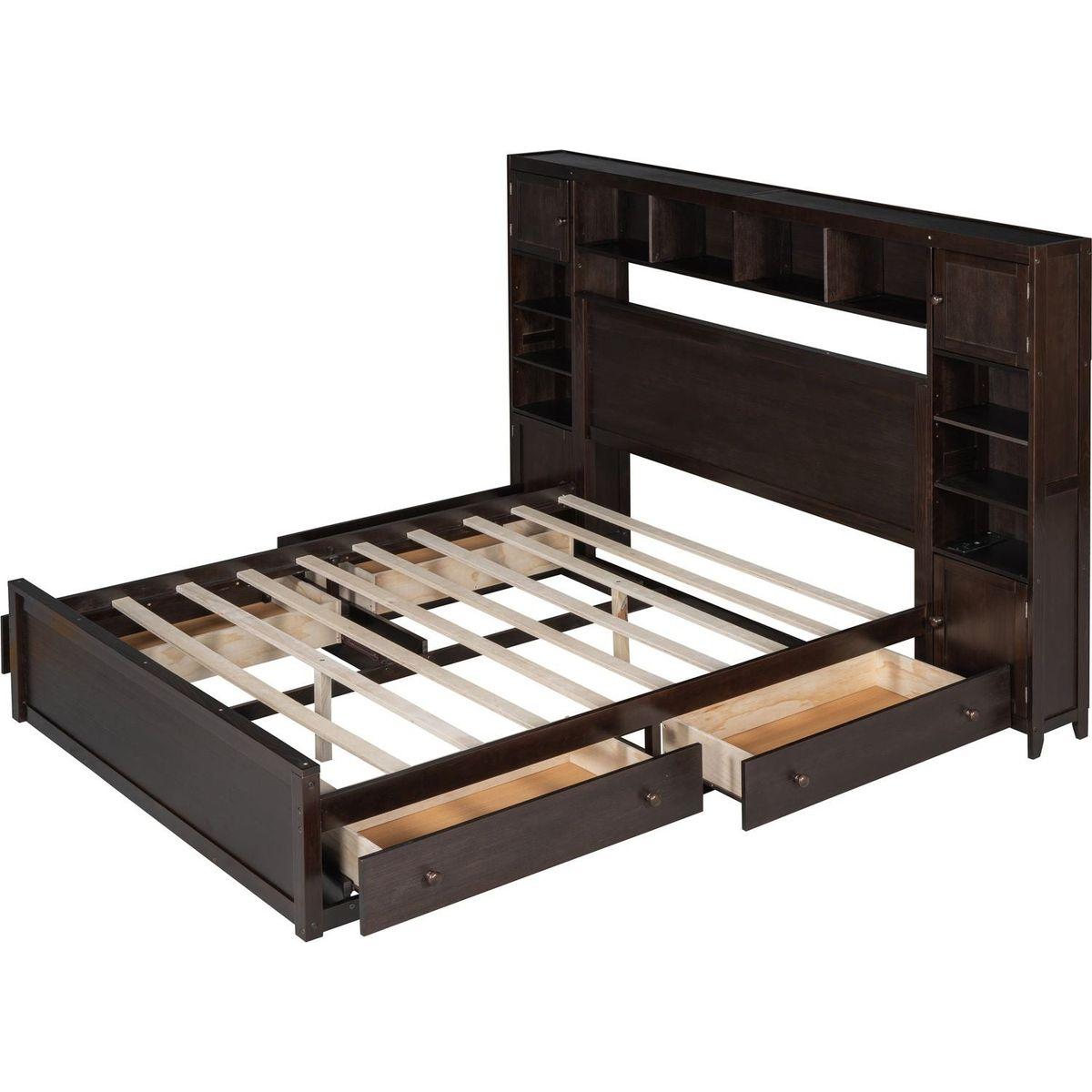 Queen Size Wooden Bed With All-in-One Cabinet, Shelf and Sockets, Espresso