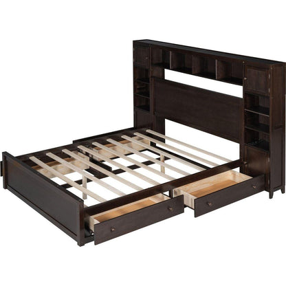 Queen Size Wooden Bed With All-in-One Cabinet, Shelf and Sockets, Espresso
