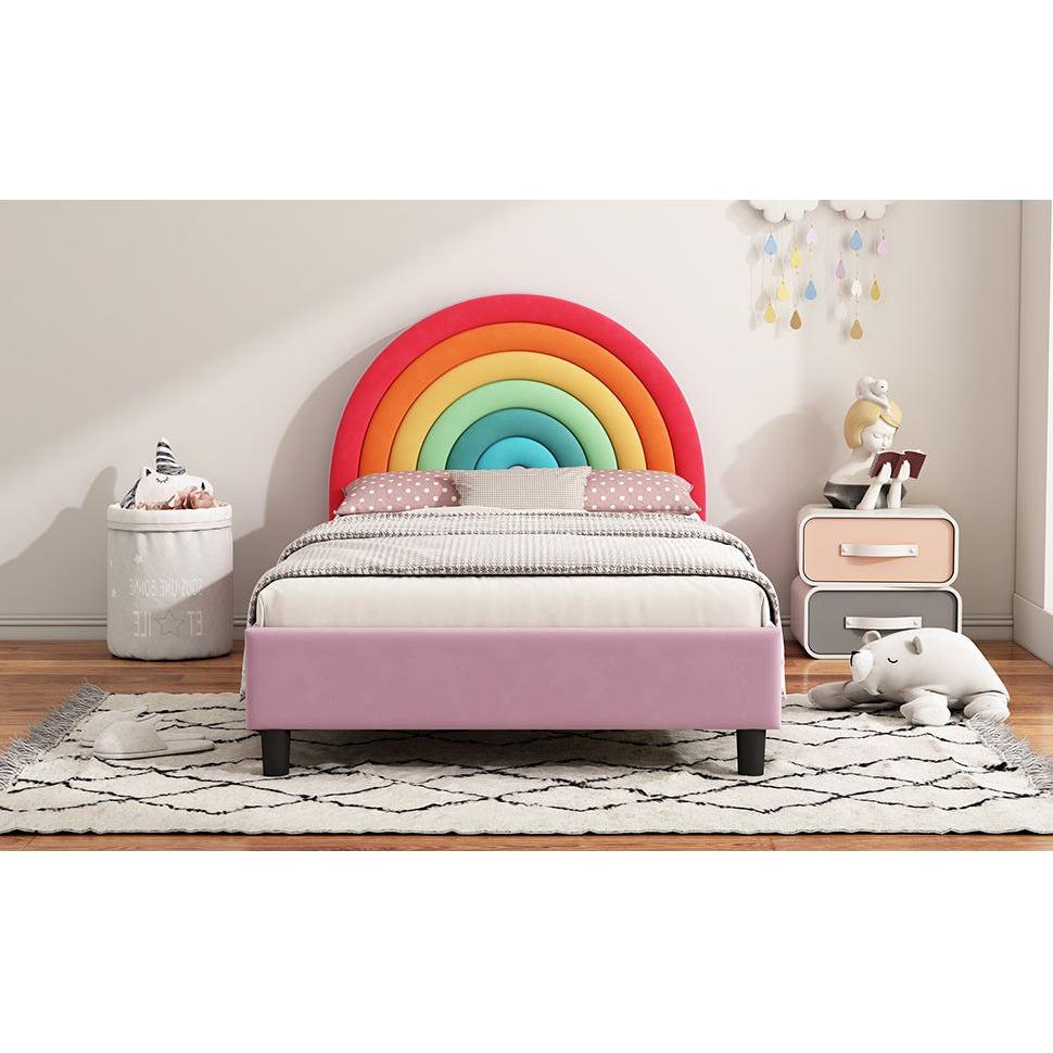 Rainbow Design Upholstered Twin Platform Bed Cute Style Princess Bed for Boys & Girls, Teens, Colorful & Pink