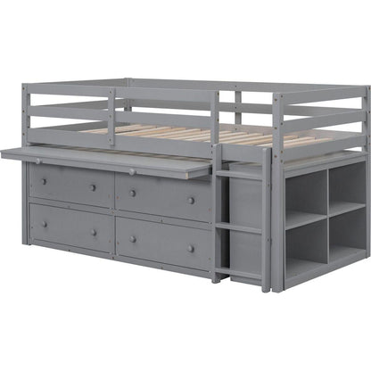 Twin Size Loft Bed with Retractable Writing Desk and 4 Drawers, Wooden Loft Bed with Lateral Portable Desk and Shelves, Gray