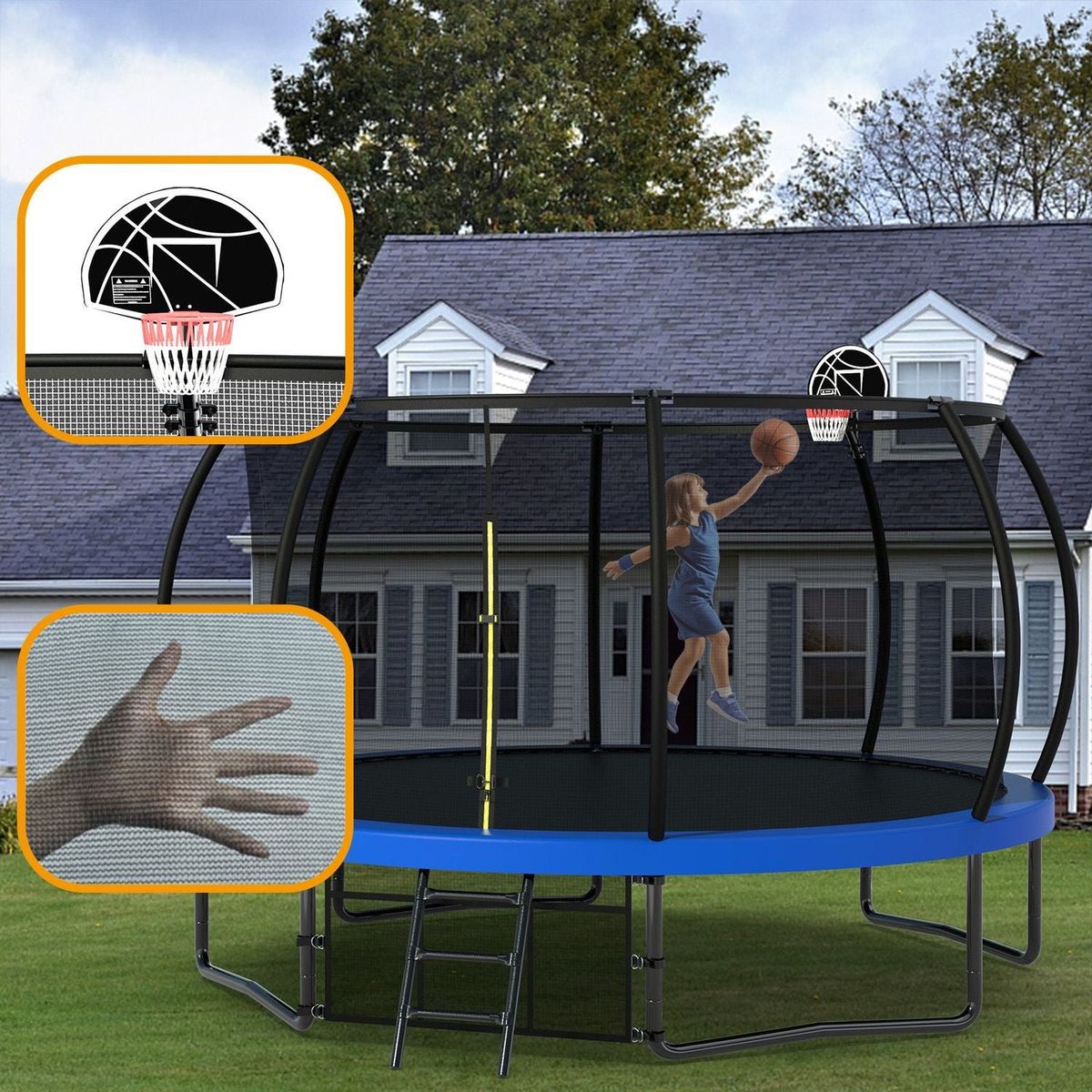 14FT Trampoline with Enclosure - Recreational Trampolines with Ladder and AntiRust Coating, ASTM Approval Outdoor Trampoline for Kids