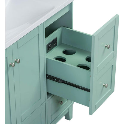 36 Inch Modern Bathroom Vanity with USB Charging, Two Doors and Three Drawers Bathroom Storage Vanity Cabinet, Small Bathroom Vanity cabinet with single sink, Green - Faucets Not Included