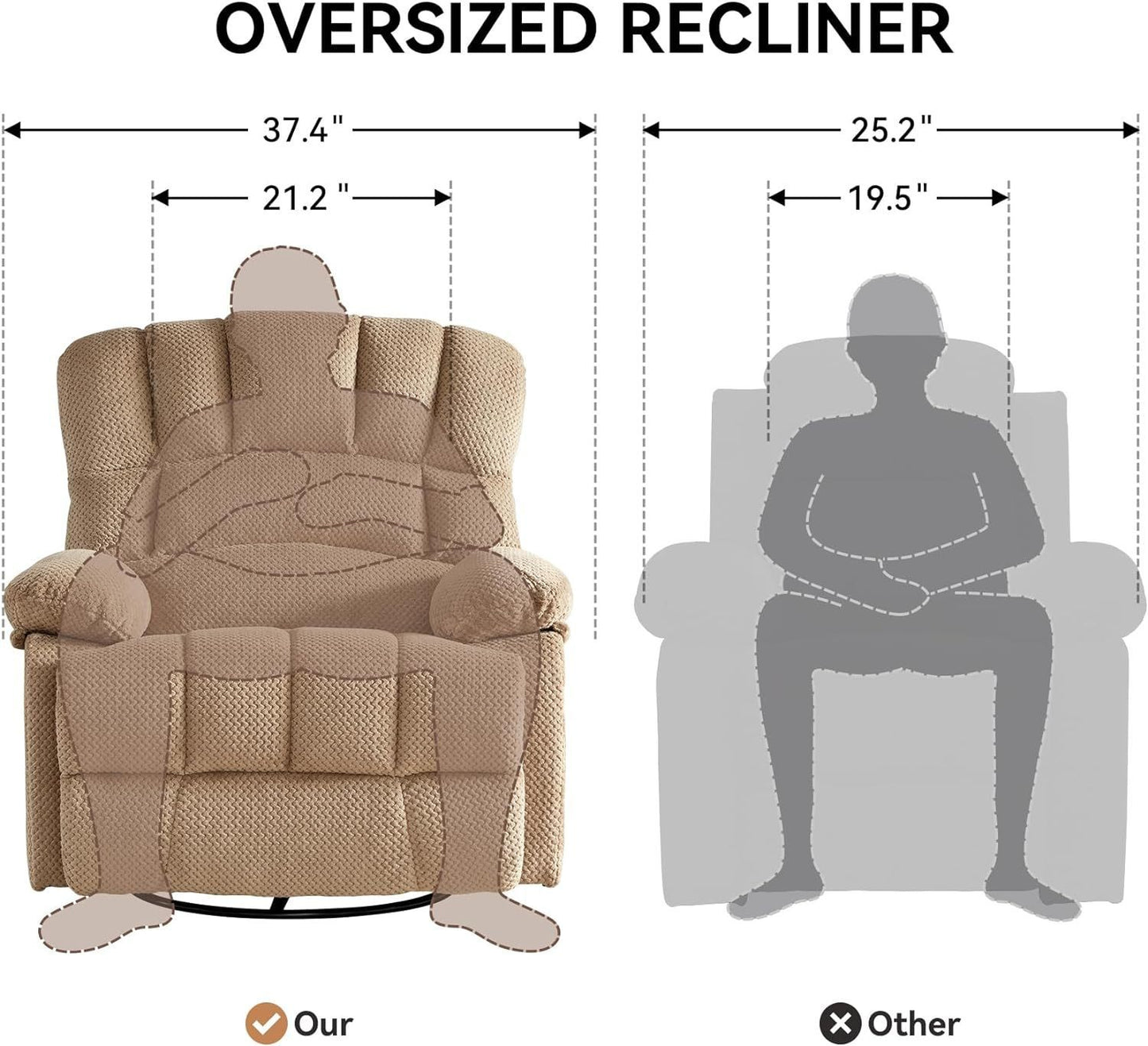 360 Rocking Swivel Rocker Recliner Chair, Oversized Recliner Chairs,Overstuffed Manual Nusery Glider Recliner,Extra Wide Recliner for Living Room Lazy Boy Single Sofa Khaki