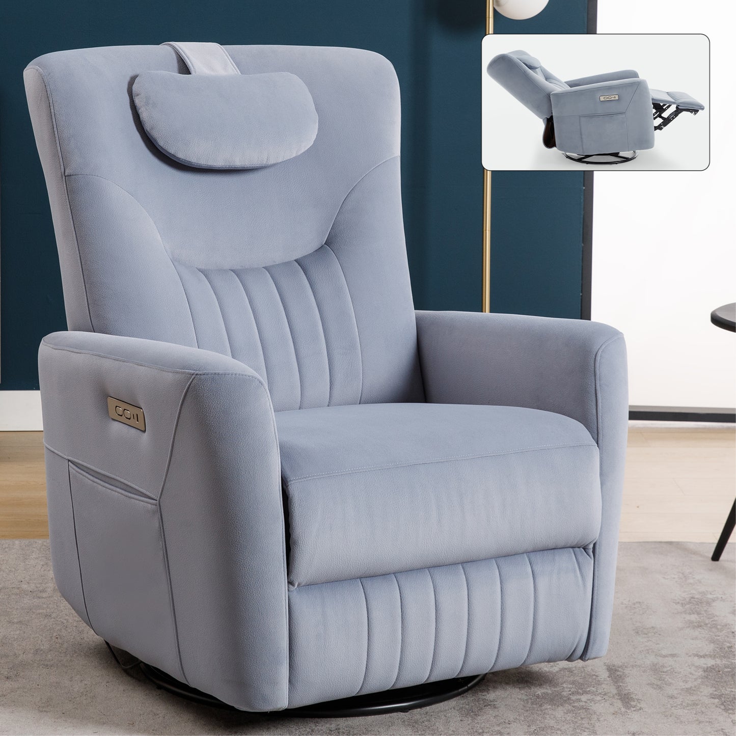 Blue Swivel and Rocker Power Recliner Chair with Lumbar and Neck Support Pillow, Heavy Duty Motion Mechanism with USB and Type-C Ports