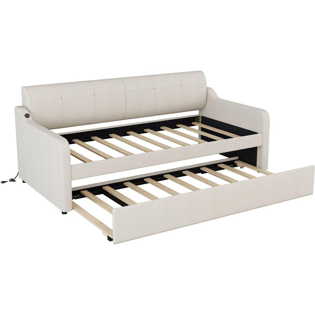 Twin Size Upholstery Daybed with Trundle and USB Charging Design,Trundle can be flat or erected,Beige
