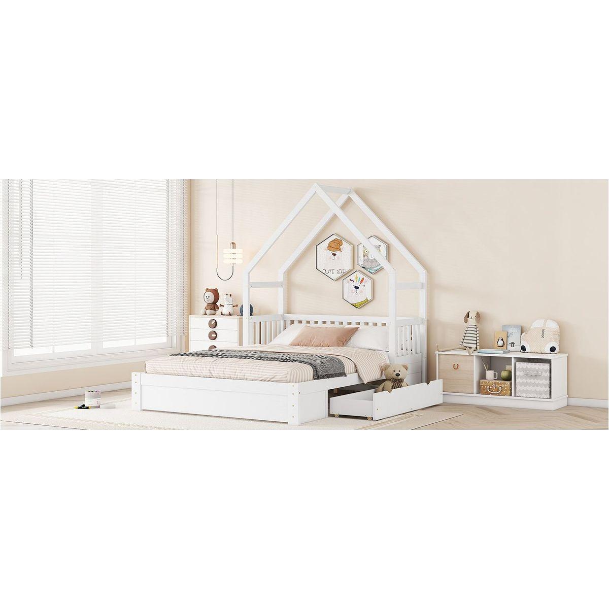Wood Queen Size House Platform Bed with Guardrail and 2 Drawers, White