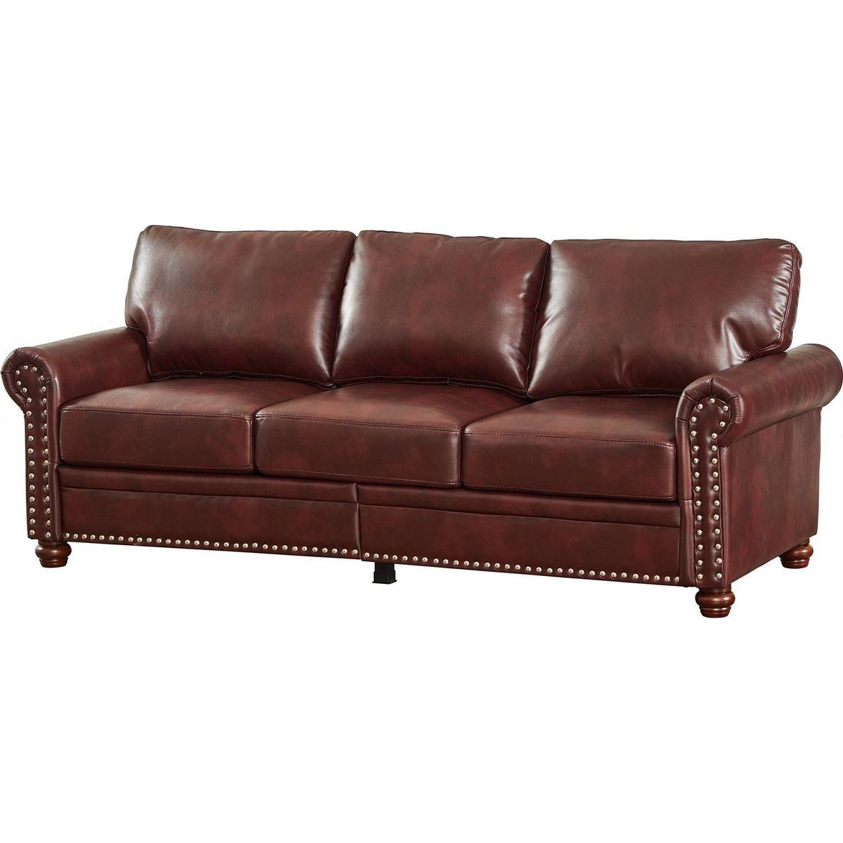 Classic Living Room Nails Sofa Burgundy Faux Leather