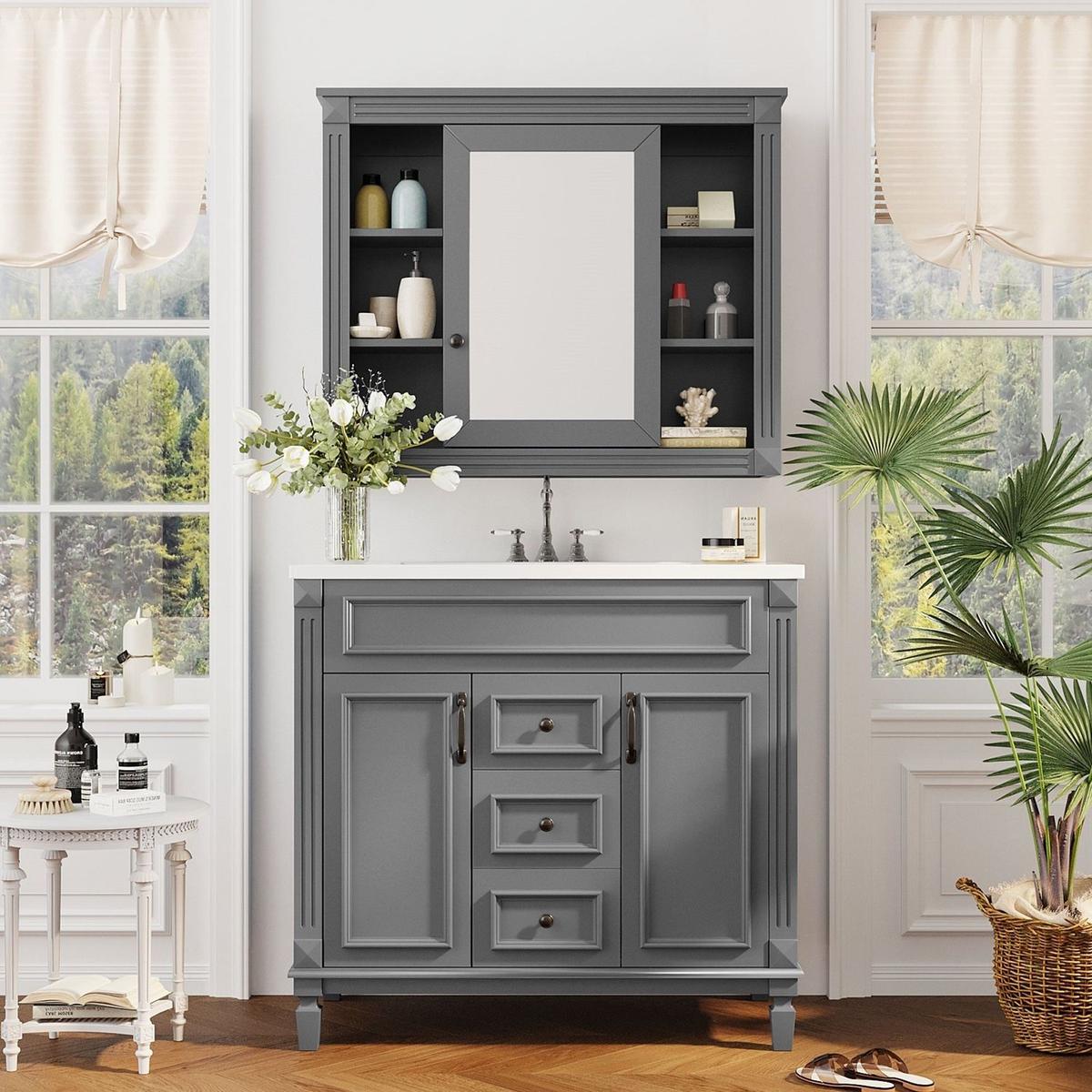 36" Bathroom Vanity with Top Sink, Grey Mirror Cabinet, Modern Bathroom Storage Cabinet with 2 Soft Closing Doors and 2 Drawers, Single Sink Bathroom Vanity