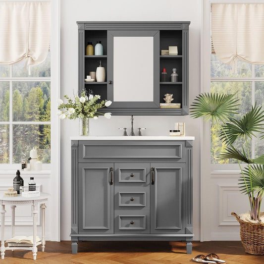 36" Bathroom Vanity with Top Sink, Grey Mirror Cabinet, Modern Bathroom Storage Cabinet with 2 Soft Closing Doors and 2 Drawers, Single Sink Bathroom Vanity