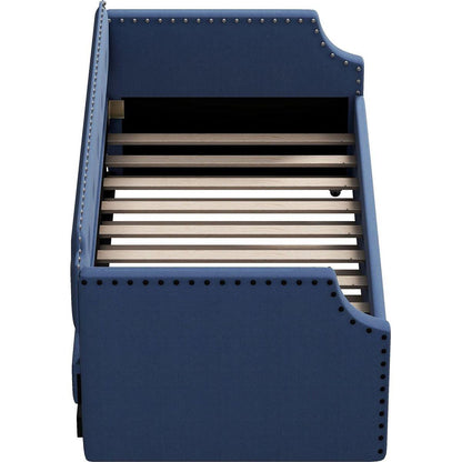 Upholstered Daybed with Trundle, Wood Slat Support,Upholstered Frame Sofa Bed, Twin,Blue