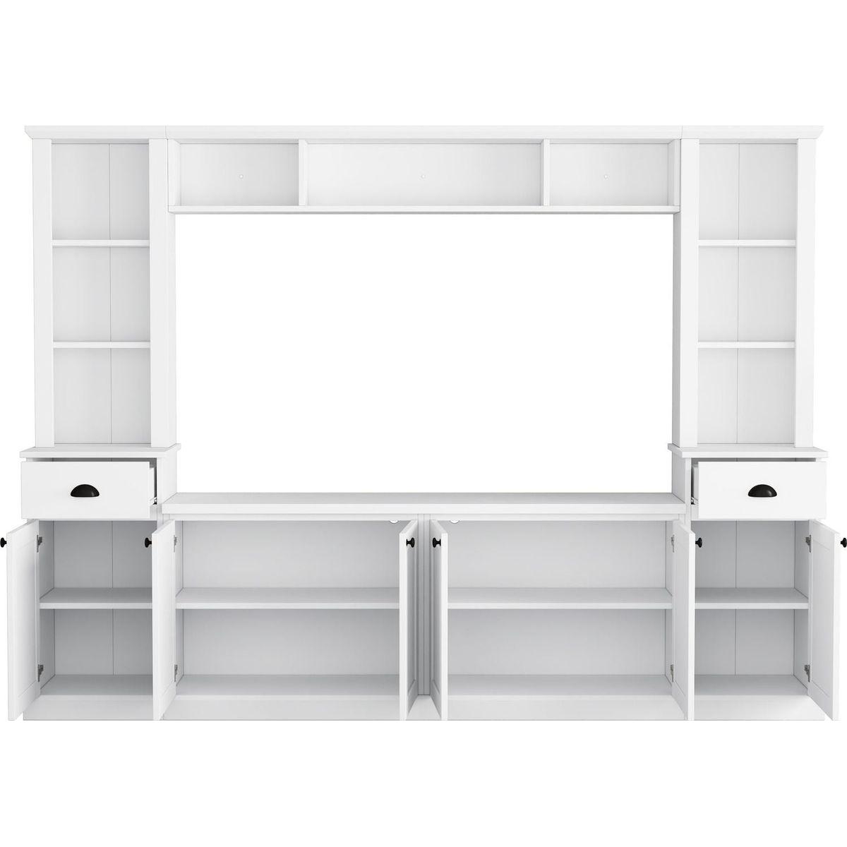 Minimalist Entertainment Wall Unit Set with Bridge for TVs Up to 75", Ample Storage Space TV Stand with Adjustable Shelves, Modernist Large Media Console for Living Room, White