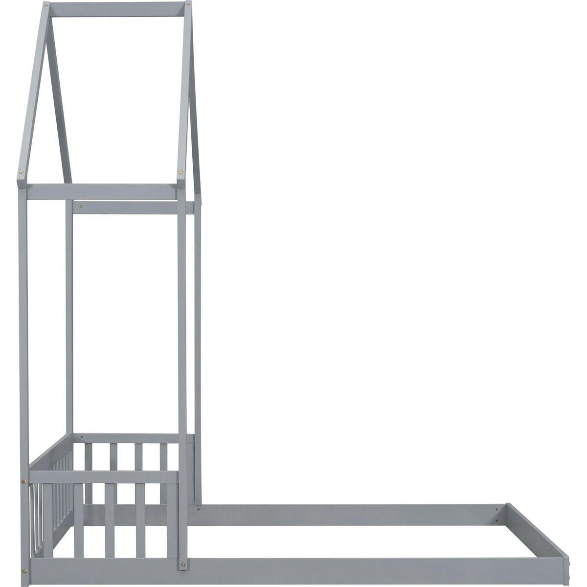 Full Roof-framed Headboard Floor Bed with Headboard Guardrails, without Slats, Grey