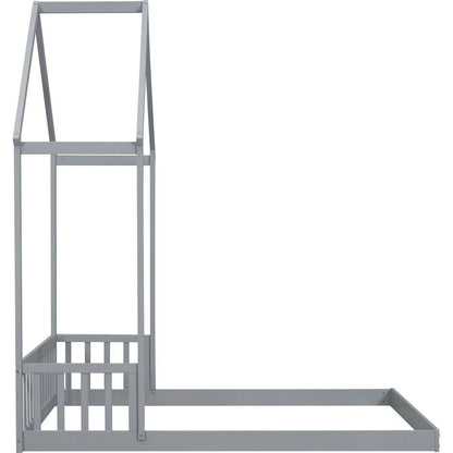 Full Roof-framed Headboard Floor Bed with Headboard Guardrails, without Slats, Grey