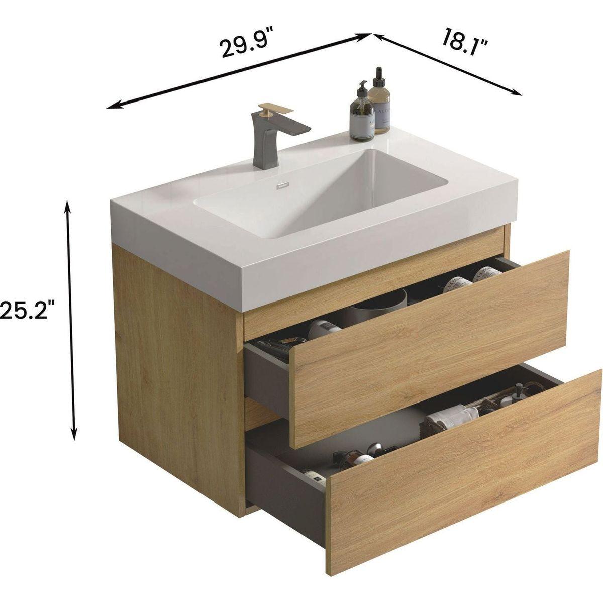 U041-Alice30-106 Alice 30" Natural Oak Bathroom Vanity with Sink, Large Storage Wall Mounted Floating Bathroom Vanity for Modern Bathroom, Pre-assembled