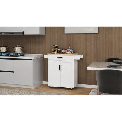Kitchen island rolling trolley cart with 1 drawer & 2 doors with storage racks & Adjustable Shelves & towel rack & seasoning rack rubber wood table top-White - Streamdale Furniture