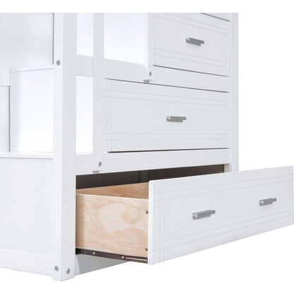 Twin Over Twin Bunk Bed with Trundle and Staircase,White